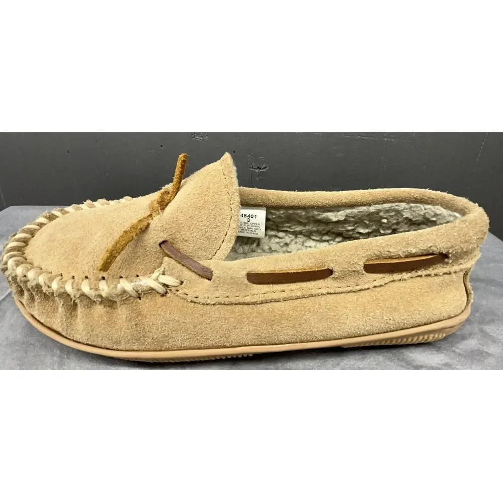Minnetonka Moccasins Kids 3‎ Brown Tan Leather Sherpa Lined Slippers Shoes